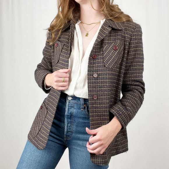 Vintage USA Oversized Tweed Knit Shacket Blazer Jacket Suit Coat Woven Wool - M - Picture 1 of 8